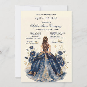 Convites Tiaro Floral Princesa Dourada Azul Marinho Quincea