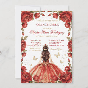 Convites Tiaro Floral Princesa Dourada Vermelha Quinceañera