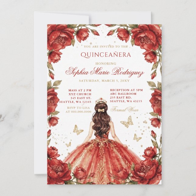 Convites Tiaro Floral Princesa Dourada Vermelha Quinceañera (Frente)
