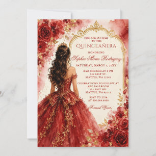 Convites Tiaro Floral Princesa Dourada Vermelha Quinceañera