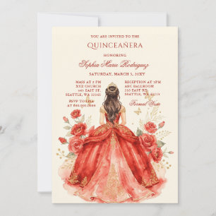 Convites Tiaro Floral Princesa Dourada Vermelha Quinceañera