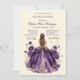 Convites Tiaro Floral Princesa Ouro Roxo Quinceañera