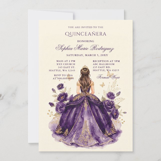 Convites Tiaro Floral Princesa Ouro Roxo Quinceañera (Frente)