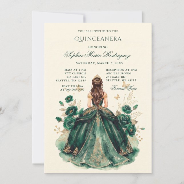 Convites Tiaro Floral Princesa Ouro Verde Quinceañera (Frente)
