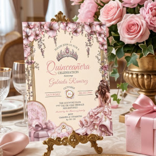 Convites Tiaro Floral Rosa Creme e Bege Quinceañera