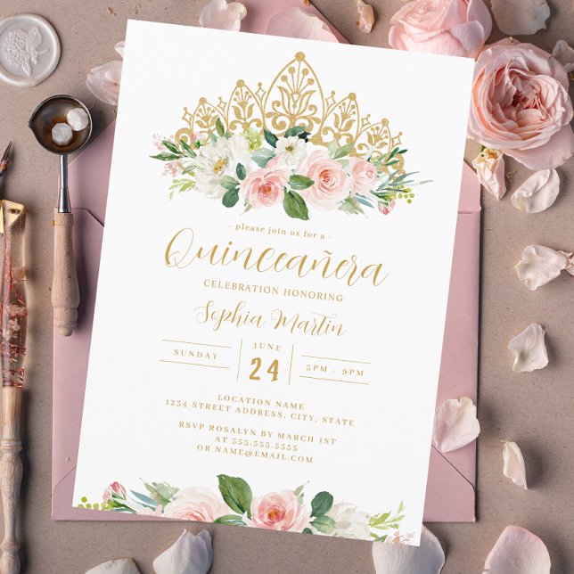 Convites Tiaro Floral Rosa Dourado Quinceanera (Criador carregado)