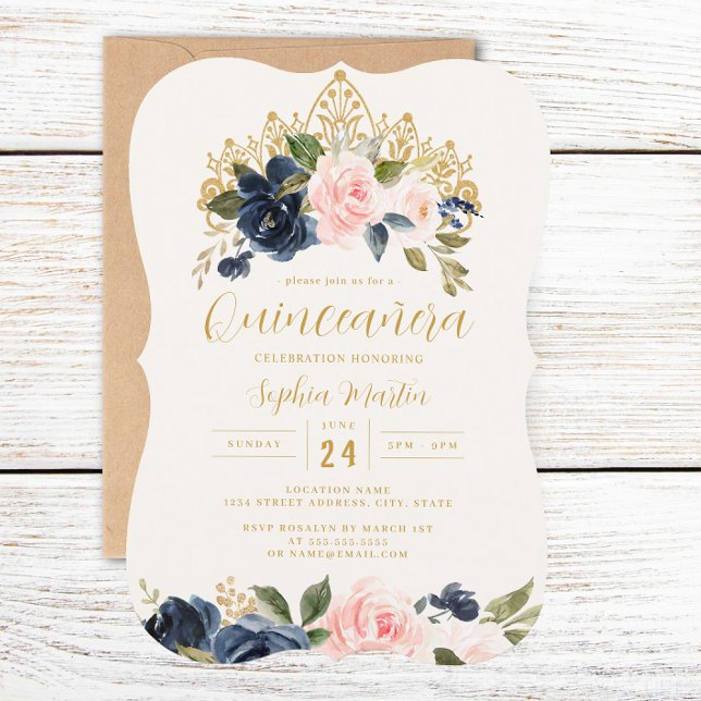 Convites Tiaro Floral Rosa Marinho Quinceanera (Criador carregado)