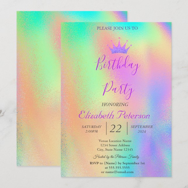 Convites Tiaro Glitter Chique Arco-íris Holográfico Anivers (Frente/Verso)