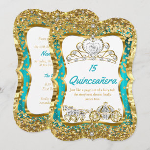 Convites Tiaro Mágico Azul Turquesa para Quinceanera Dourad
