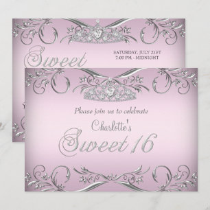 Convites Tiaro Prata Rosa Aniversário Sweet 16