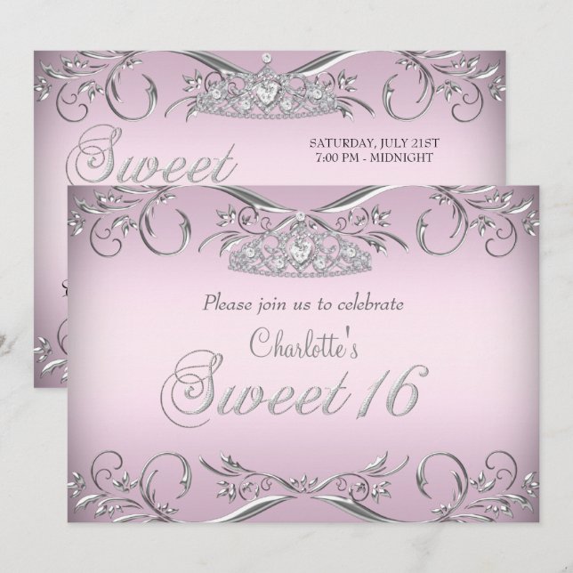 Convites Tiaro Prata Rosa Aniversário Sweet 16 (Frente/Verso)