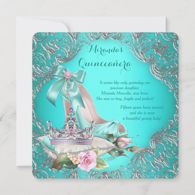 Convites Tiaro Princesa Azul Turquesa Quinceanera (Frente)