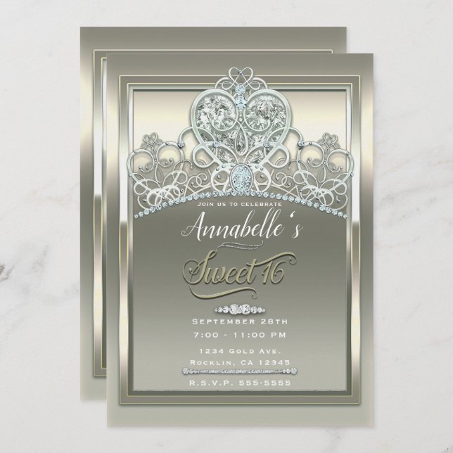 Convites Tiaro Princesa de Marfim Platina Festa Sweet 16 (Frente/Verso)