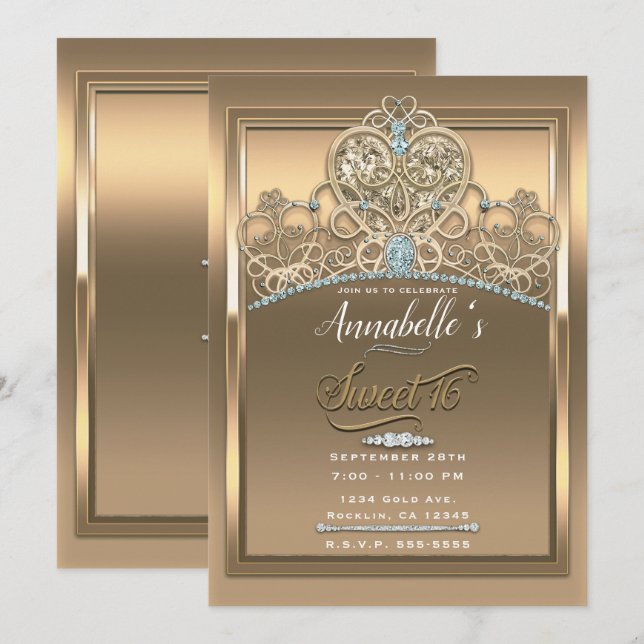 Convites Tiaro Princesa Glamouroso Dourado Coração Festa Do (Frente/Verso)