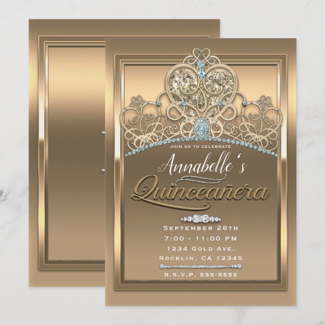 Convites Tiaro Princesa Glamouroso Dourado Festa de Anivers (Frente/Verso)