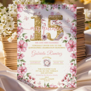 Convites Tiaro Rosa Bege e Dourado Mis Quince Quinceañera