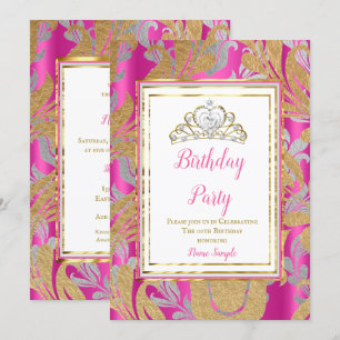 Convites Tiaro Rosa Vibrante Dourado Cinza Damasceno Festa