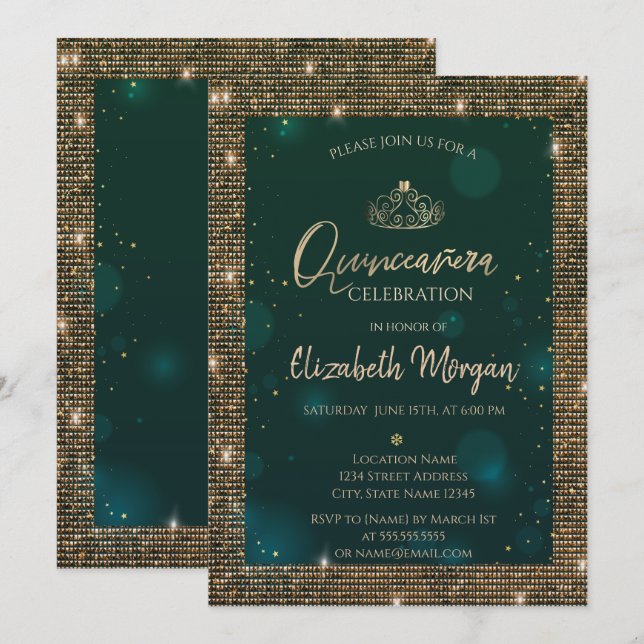 Convites Tiaro Verde Chic Dourado,Sequins Verde Quinceañera (Frente/Verso)