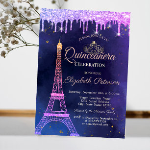 Convites Tiarra com Brilho Ombre Torre Eiffel Quinceañera