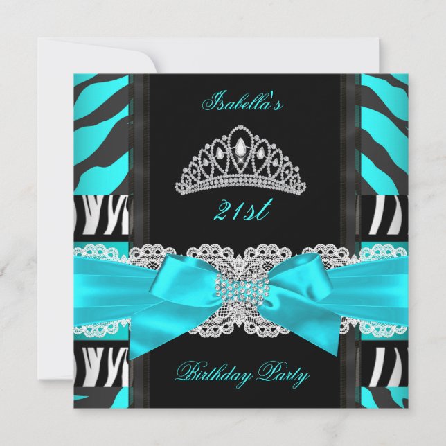 Convites Tiarra de aniversário de zebra azul turquesa preta (Frente)