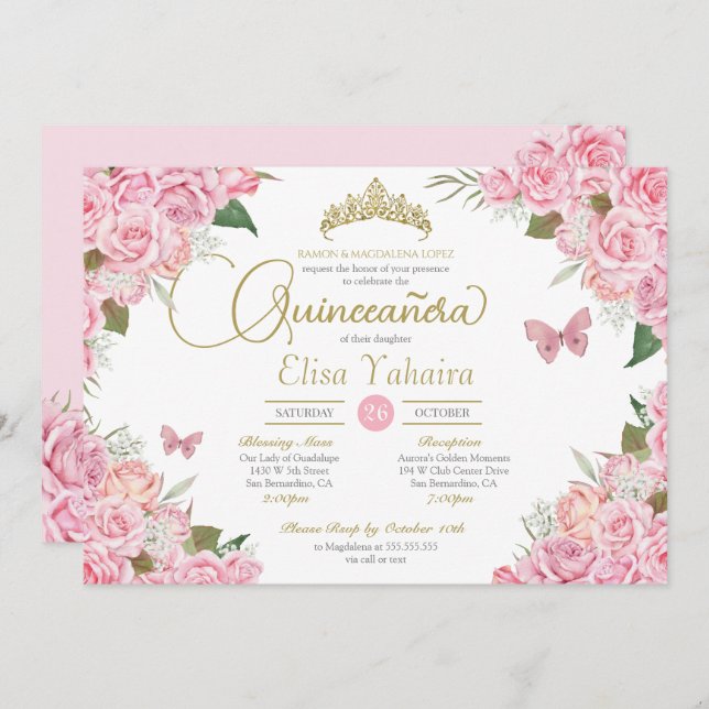 Convites Tiarra de Ouro Floral Rosa Roxa Quinceanera Borbol (Frente/Verso)