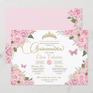 Convites Tiarra de Ouro Floral Rosa Roxa Quinceanera Borbol