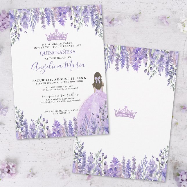 Convites Tiarra de Purpurina de Lilás Roxo Quinceañera Flor (Purple Lilac Glitter Tiara Floral Quinceañera Invitation)