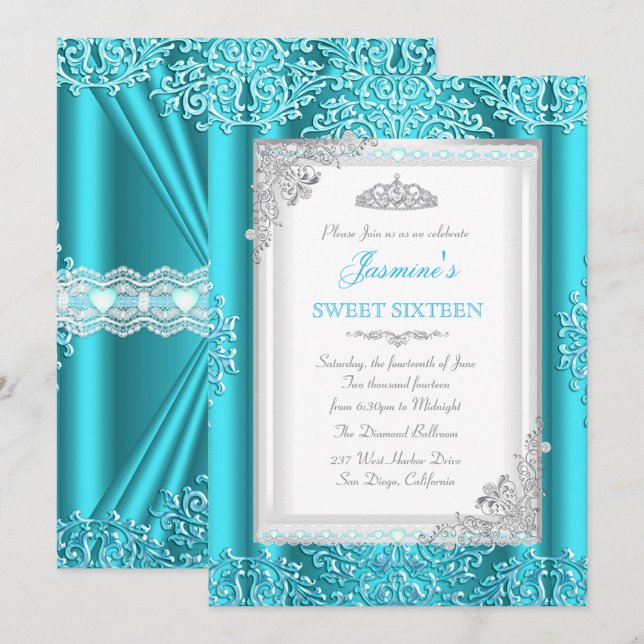 Convites Tiarra de Renda Damask Azul Teal Prata Sweet 16 (Frente/Verso)