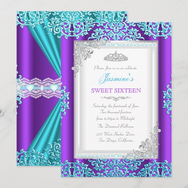 Convites Tiarra de Renda Damask Roxo Teal Prata para Sweet  (Frente/Verso)