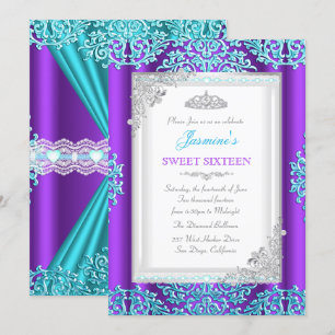 Convites Tiarra de Renda Damask Roxo Teal Prata para Sweet 