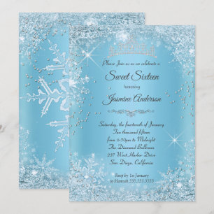 Convites Tiarra de Sweet 16 Blue Silver Winter Wonderland