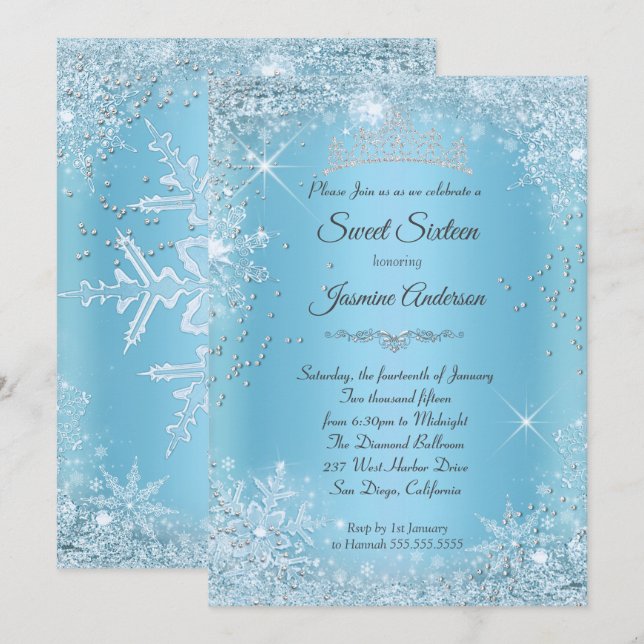 Convites Tiarra de Sweet 16 Blue Silver Winter Wonderland (Frente/Verso)