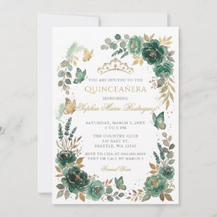 Convites Tiarra Dourada Esmeralda Borboleta Floral Quinceañ