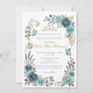 Convites Tiarra Floral Borboleta Azul Dourado Quinceañera