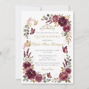 Convites Tiarra Floral Borboleta Dourada Burgundy Quinceañe