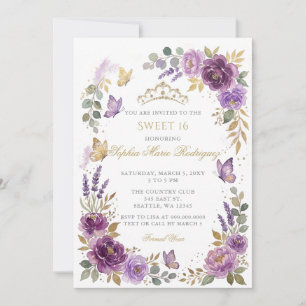 Convites Tiarra Floral Borboleta Roxo Dourado Sweet 16