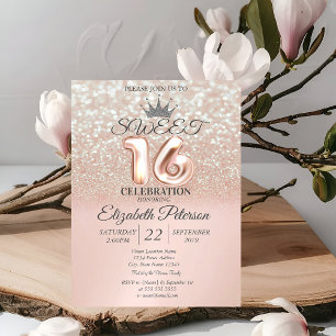 Convites Tiarra Rose Gold Sweet 16 Glitter Bokeh Ombre
