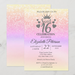Convites Tiarra Sweet 16 Brilho Colorido Bokeh Ombre