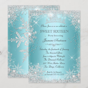 Convites Tiarra Teal Prata Winter Wonderland Sweet 16