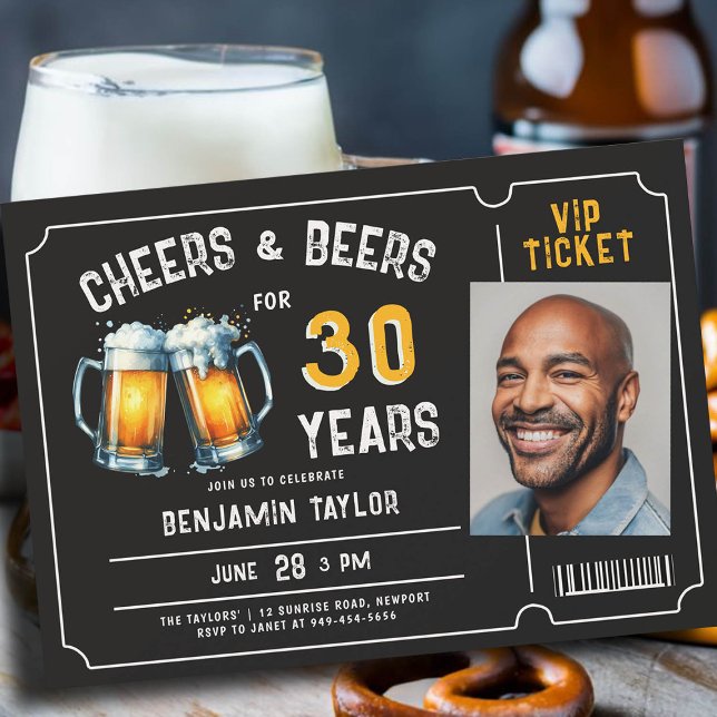 Convites Ticket Men Rustic aniversário de 30 anos (mens 30th birthday beer party invitation ticket photo black white yellow cheers rustic fun classy)