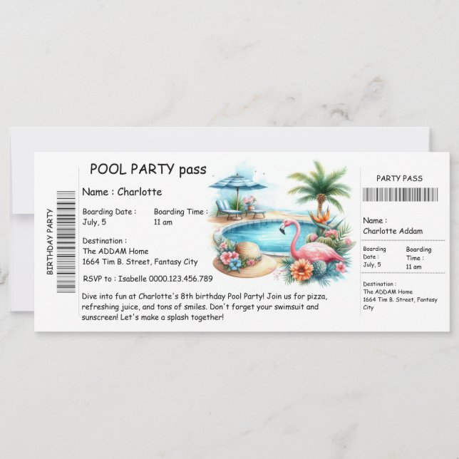Convites Ticket-Style Pool Party Invitation – Birthday Bash (Frente)