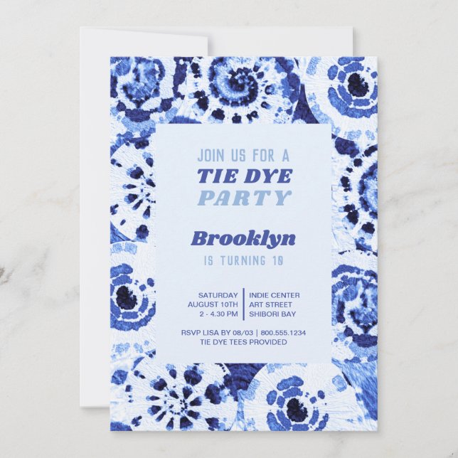 Convites Tie Dye Festa de aniversário Blue Shibori (Frente)