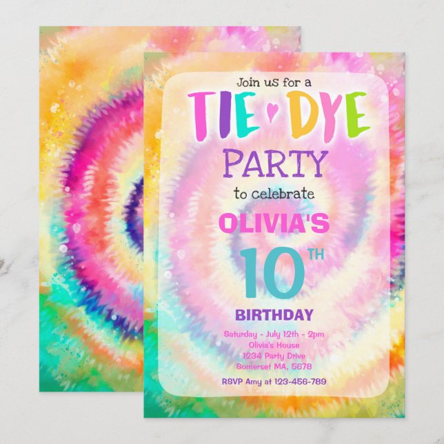 Convites Tie Dye Festa de aniversário Brilhante Tie Dye Hip (Frente/Verso)