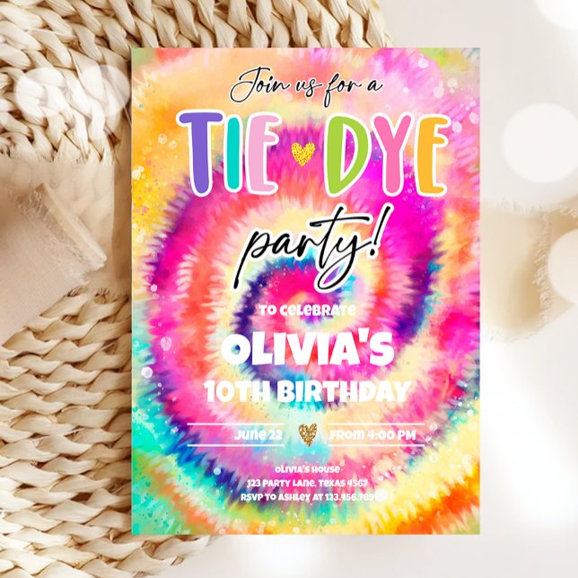 Convites Tie Dye Party Hippy Bright Colors Girl Aniversário (Criador carregado)