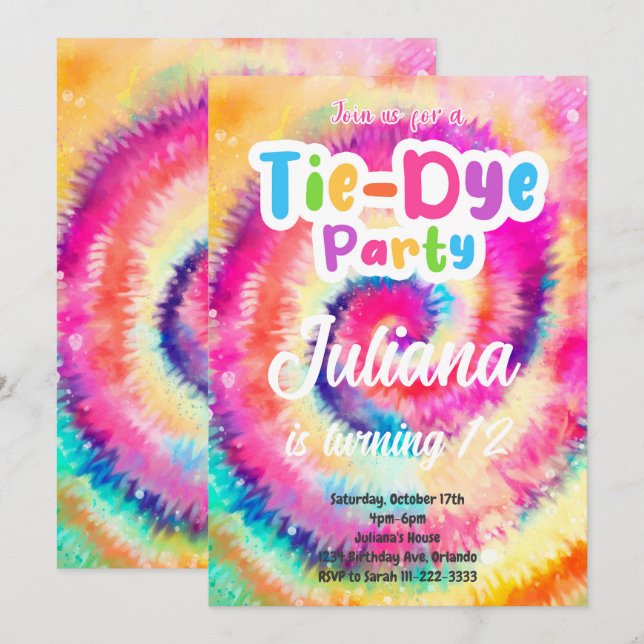 Convites Tiedye Birthday Invite (Frente/Verso)