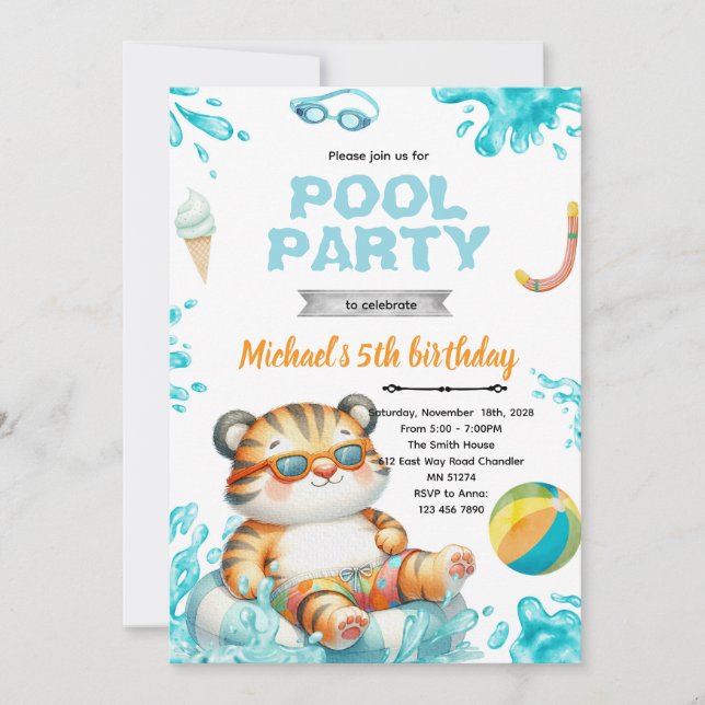 Convites Tiger Pool Party Birthday Invitation (Frente)