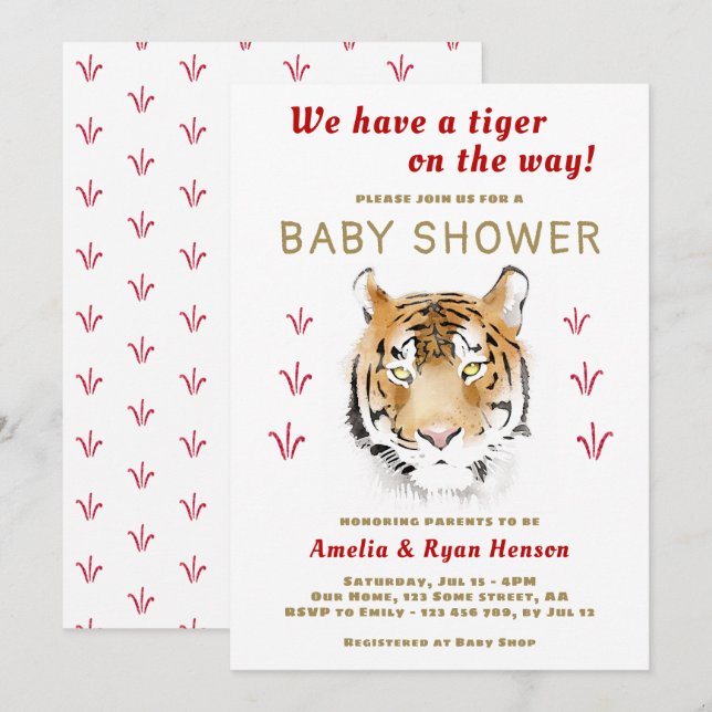 Convites Tigre Bebê Aquarela 2022 Chás de Bebê (Frente/Verso)