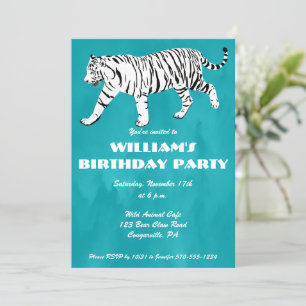Convites Tigre branco, Festa de aniversário azul turquesa