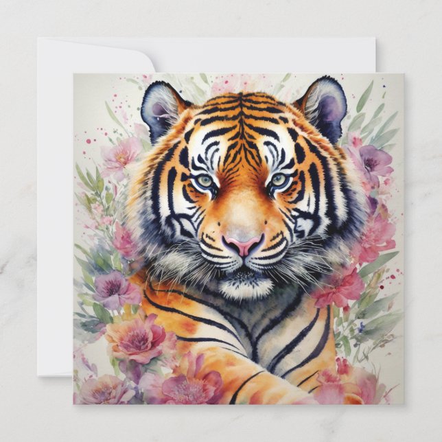 Convites Tigre De Aquarela Com Flores De Pintura Floral (Frente)