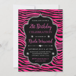 Convites Tigre de brilho rosa e preto aniversário de 21 ano